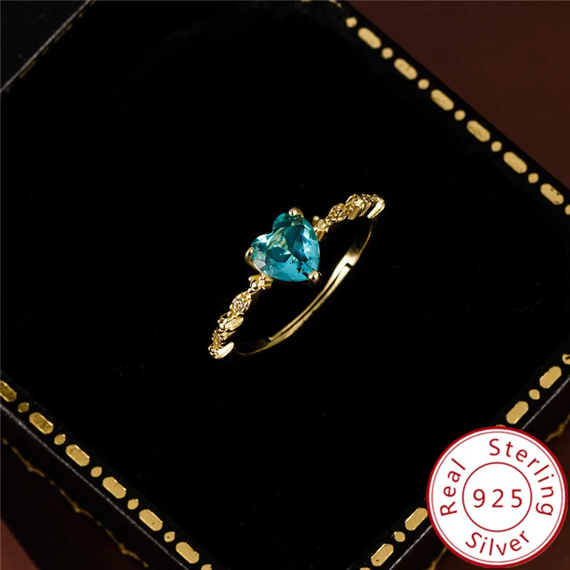 

Real S925 sterling silver 18k gold plating Horse eye heart Synthetic Blue topaz open ring for women Light luxury Fine jewelry