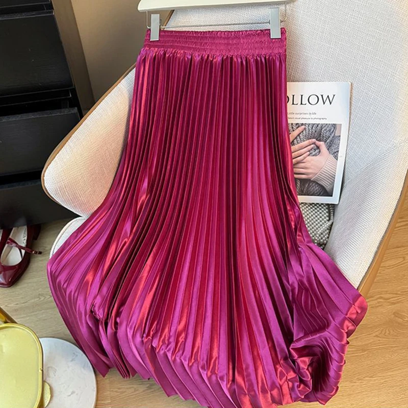 

2025 NEW Solid Color Satin Silk Pleated Skirt Women Fashion Elastic Waist Dance Evening Party Beach Long Skirt Maxi