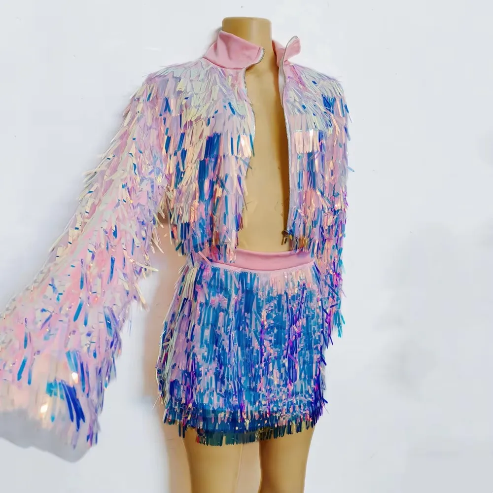 بريق الترتر شرابة سترة قصيرة تنورة الرقص الزي نادي ملهى ليلي المرأة مرحلة ارتداء عيد ميلاد الرقص حفلة الأداء زي