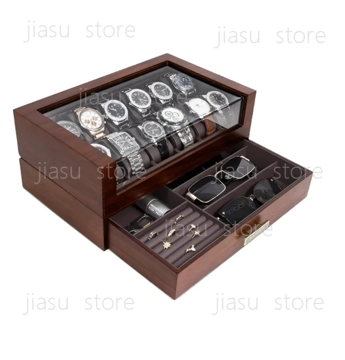12-Slot Wooden Watch Box with Glass Top, 2-Layer Luxury Watch Display Case for Men and Women, Gift
