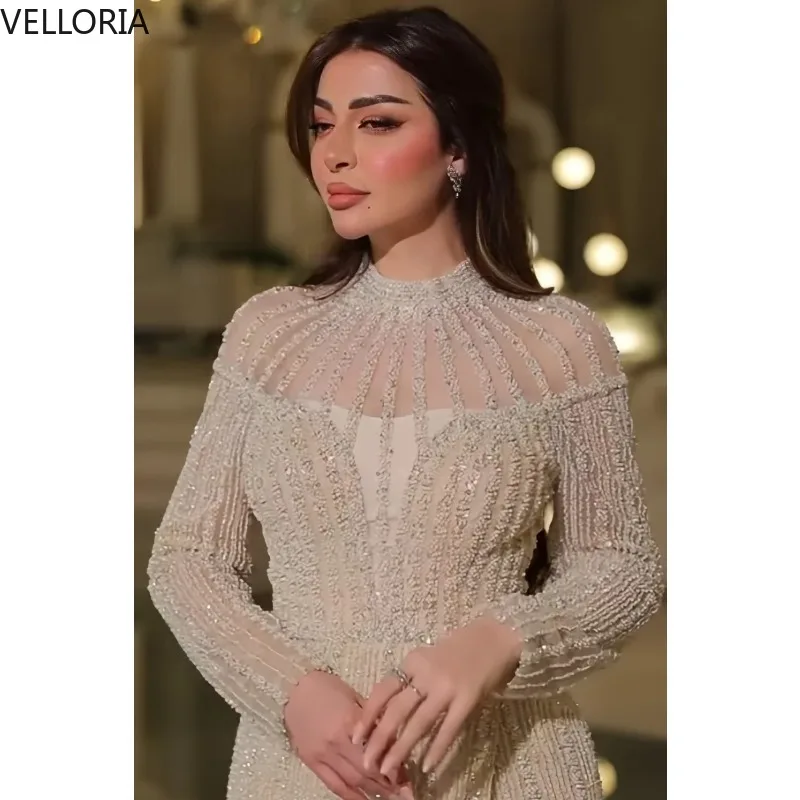 

Блестящее бальное платье цвета шампанского с высоким воротником и длинными рукавами, торжественное платье русалки, роскошное вечернее платье из бисера, Vestdos De Fiesta по индивидуальному заказу