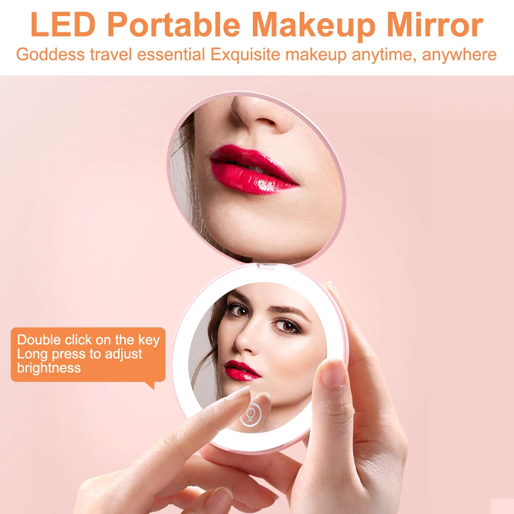 Makeup Mirror Light Mini Portable LED Light 3X Magnify Hand Hold Cosmetic Mirror Foldable Lightweight Mini Design Pocket Mirror