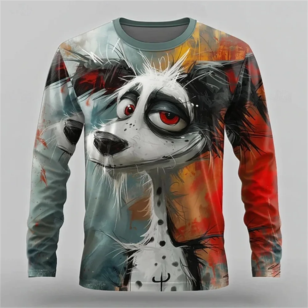 Men Weird Cute Cartoon Dog 3DPrint Long‑Sleeve TShirt Color Splash Graffiti Art Tee Novelty Animal Art Casual Long Sleeve Shirts