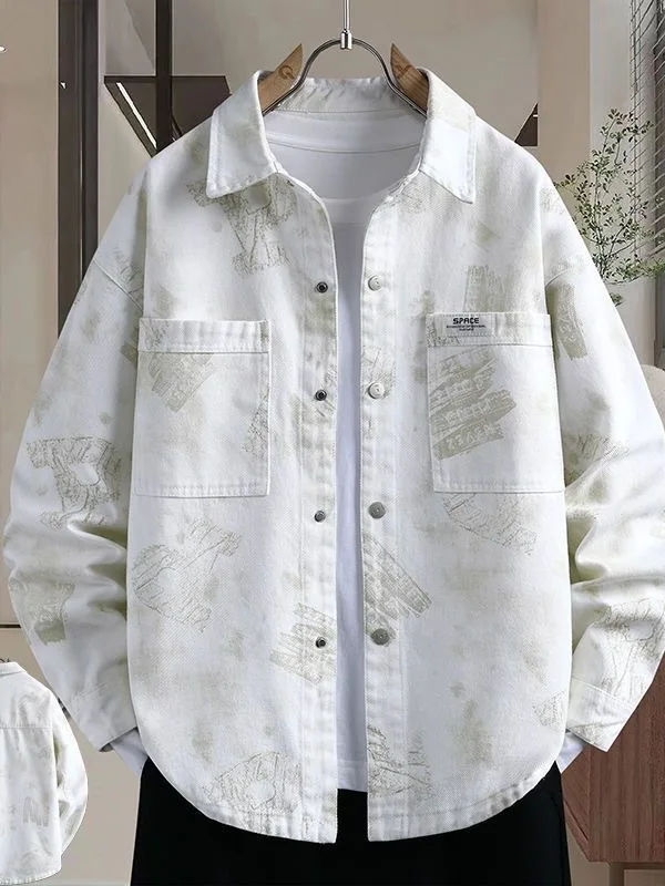 

Свободный крой, мужская джинсовая куртка, весенне-осенняя повседневная рабочая одежда, верхняя одежда с принтом, молодежная модная американская одежда с длинными пуговицами све...