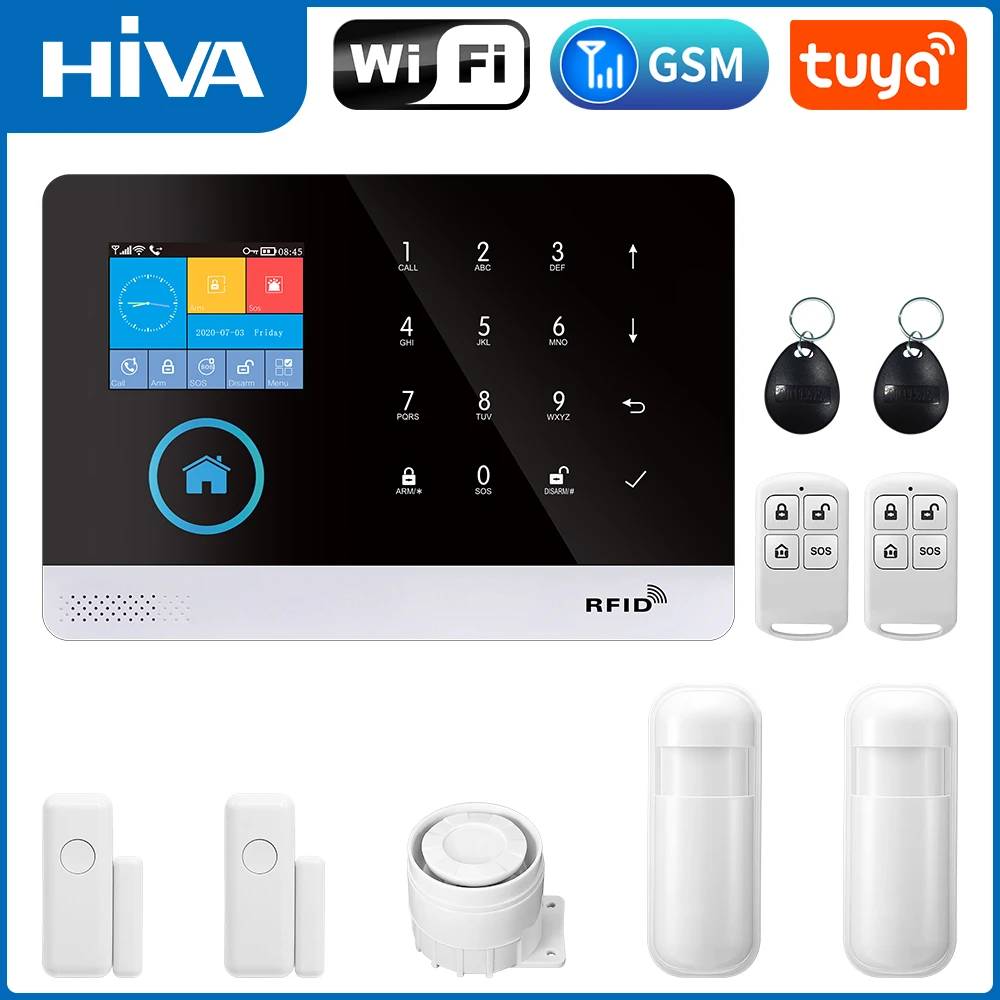 

HIVA Tuya Alarm System Security for Home Smart life App Control GSM Wifi Security Alarm with door and PIR Sensor work with Alexa