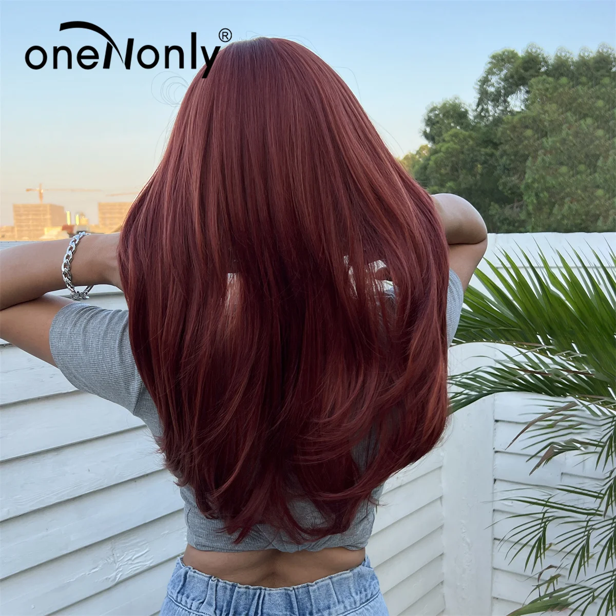 oneNonly Red Wig with Bangs Long Straight Synthetic Wigs for Women Lolita Party Natural Hair Wigs High Temperature