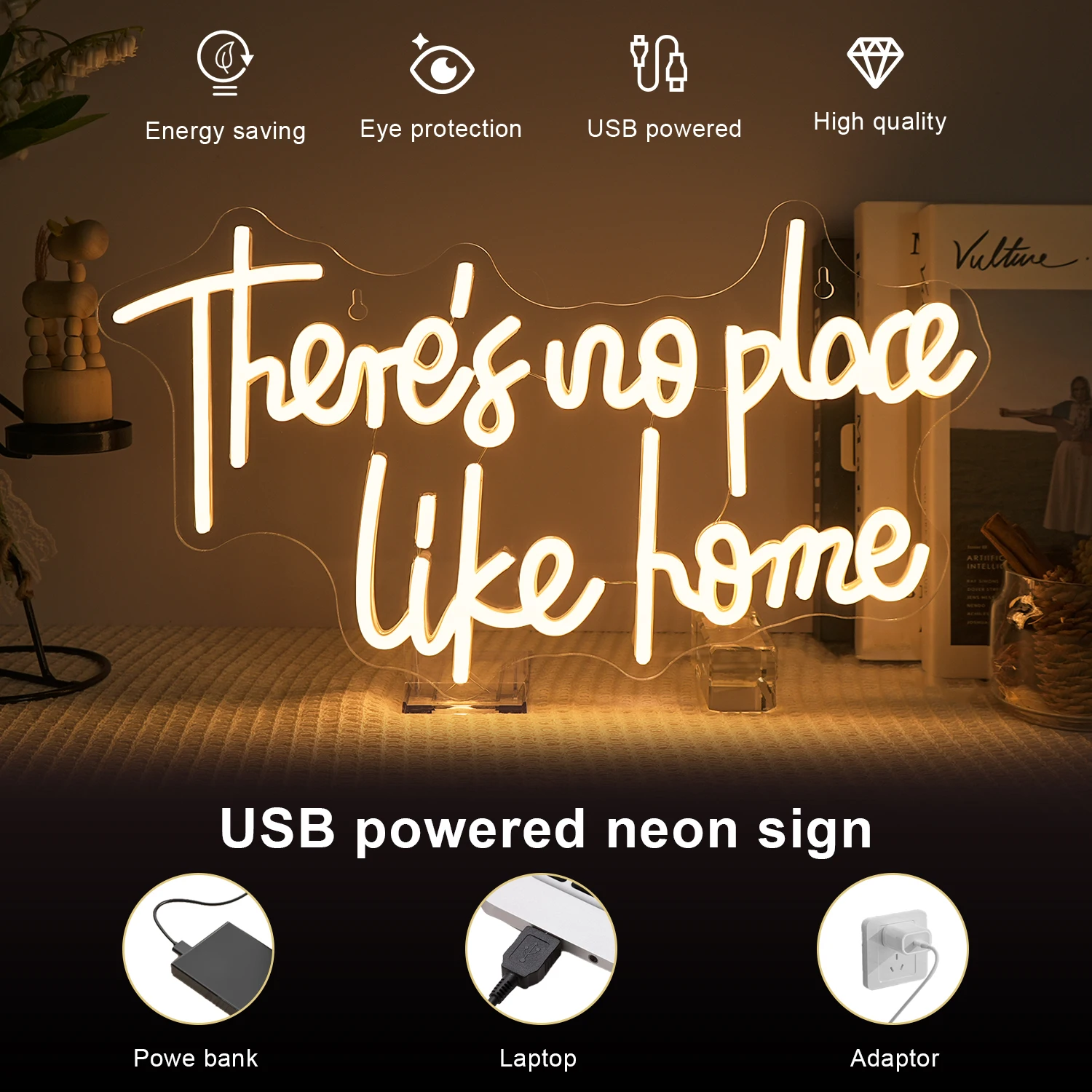 لا يوجد مكان مثل المنزل النيون Signr RoomWarm White لديكور الحائط لحفلات الزفاف المنزلية اتصال USB ديكور غرفة نوم 5/12 فولت