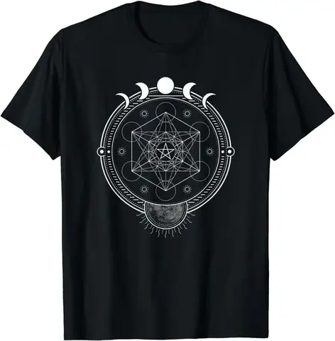 자세히 둘러보기 Moon Phases 하이 퀄리티 100% 면 반팔 티셔츠, 성스러운 기하학 메타트론 디자인 선물