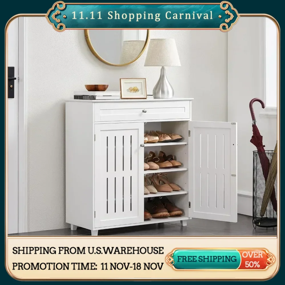 Shoe Cabinet, 4-Tier Shoe Storage Cabinet with Drawer & Adjustable Shelves, Wooden Rack Organizer with Louvered Doors