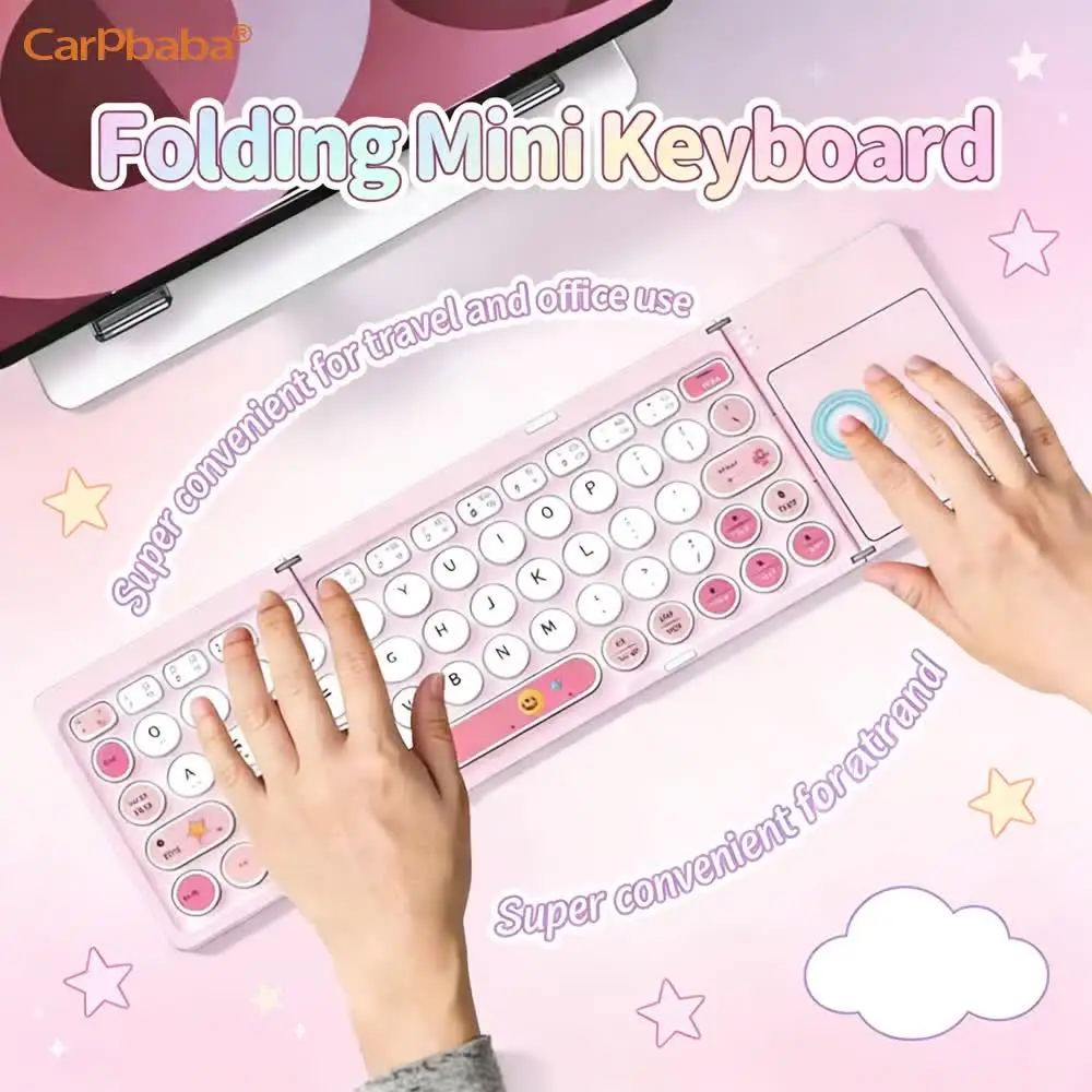Pink Keyboard With Touchpad Cute Foldable Bluetooth Keyboard Rechargeable Silent Portable For Laptop Tablet Office Women Girl