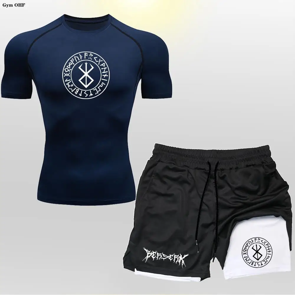 

Tracksuit Men Sweat Suit Men's Shorts Sets Gym Running Compression T Shirt Sportsuits 2 in 1 Short Pants Anime Bers/-erk