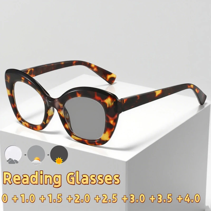 

Retro Cat Eye Photochromic Reading Glasses Women's High-end Fashion Large Frame Anti Blue Light Glasses Diopter To +4.0