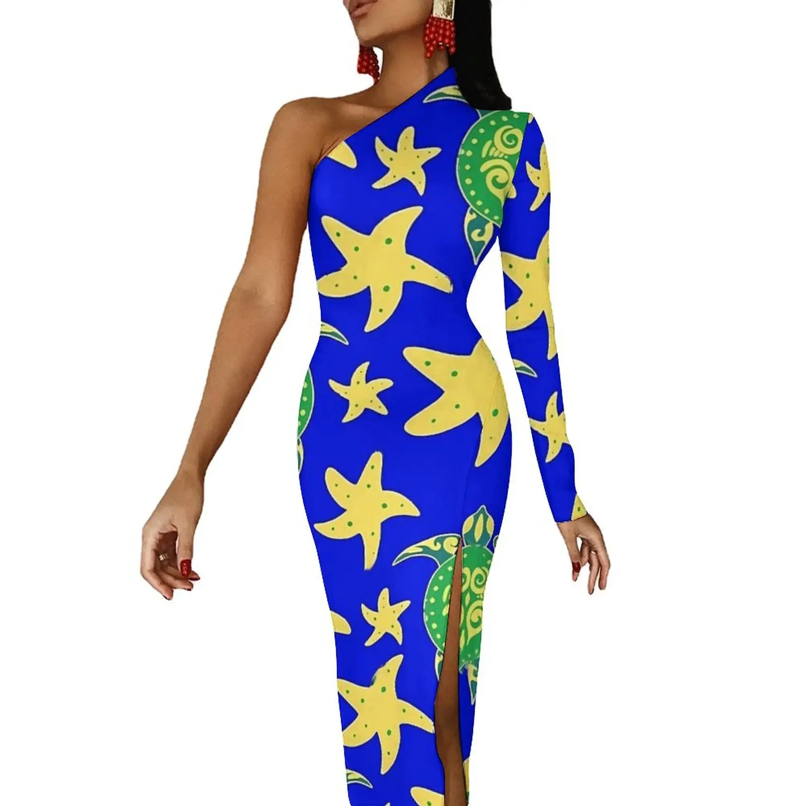

Плавательное платье макси с черепахой и длинным рукавом, вечерние облегающие платья с принтом морской звезды, весеннее элегантное платье, женские платья на заказ