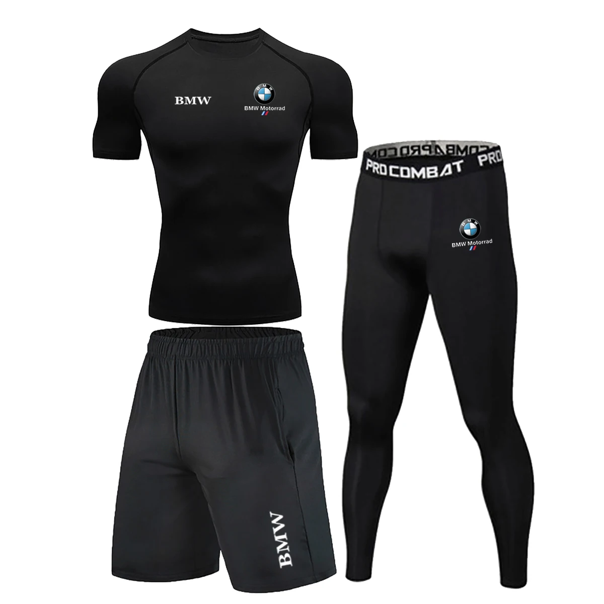 Nieuwe Heren Gym Compressie Y2KT T-shirt Lange Broek Shorts 3-delig Ademend Sneldrogend Oefening Fitness Set BMW Logo