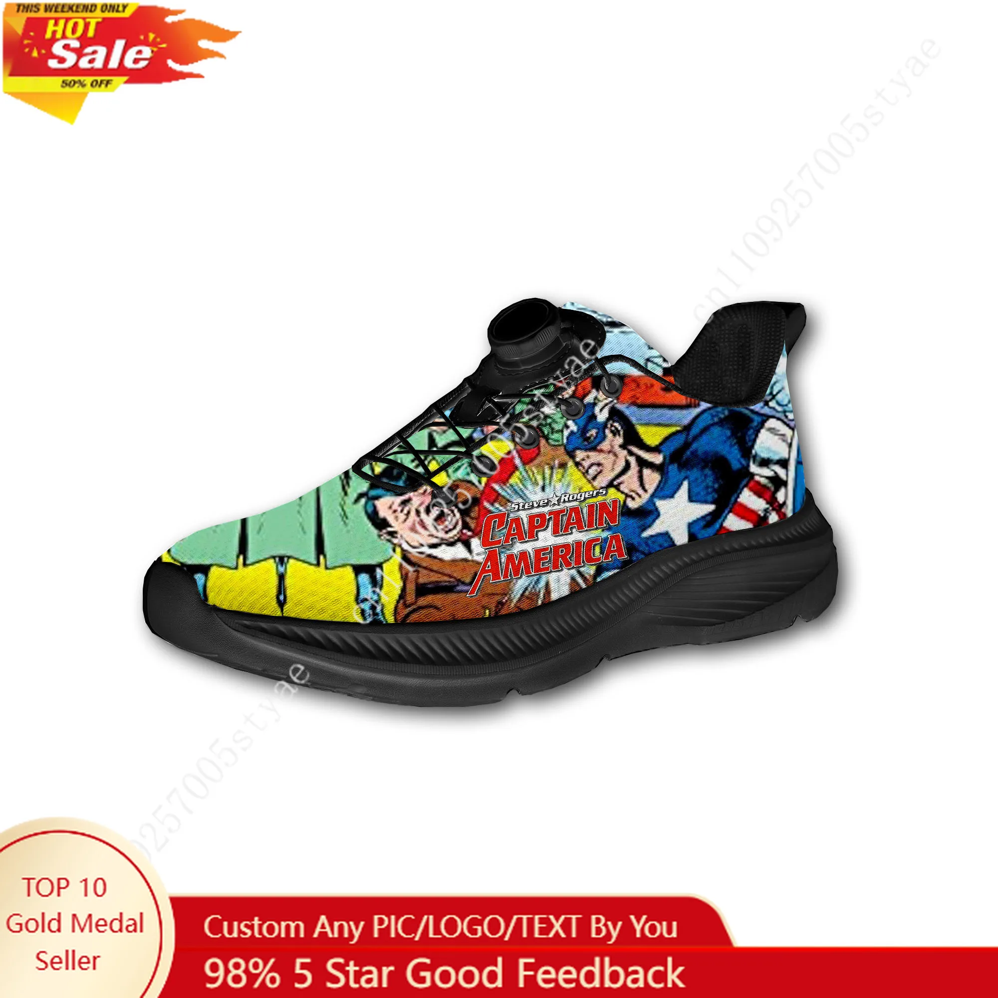 

Marvel Captain America Steve Rogers Custom Walking Shoes Men Woman Rotating Button Without Laces Shoe Design Sneakers Unisex