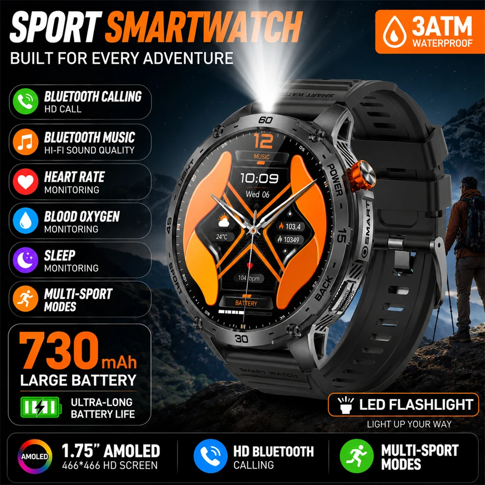 

New Smart Watch 730mAh Battery 1.75-inch AMOLED Bluetooth Call Outdoor LED Flashlight Military Sports Fitness Smart Watches Men