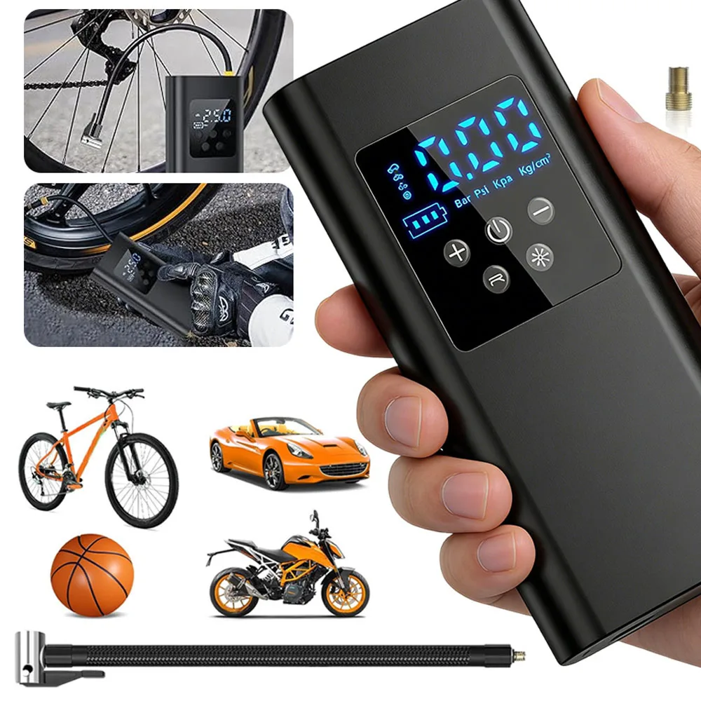 Tragbare Luftpumpe mit Digitalanzeige, integriertem Notlicht, Ein-Klick-Aufpumpfunktion für Auto, Motorrad, Fahrrad, Sportausrüstung, kompakter Kompressor, schlankes Design, robuste Konstruktion, für