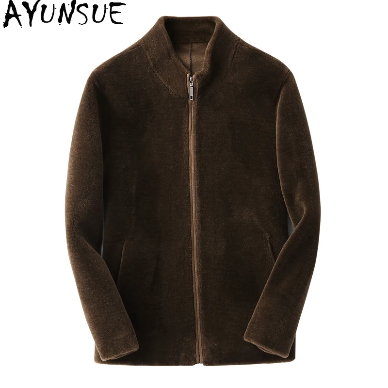 

AYUNSUE Short 100% Wool Coats for Men Stand Collar Autumn Winter Slim-fit Korean Style Sheep Shearing Jacket Mens Fur Coat 2025