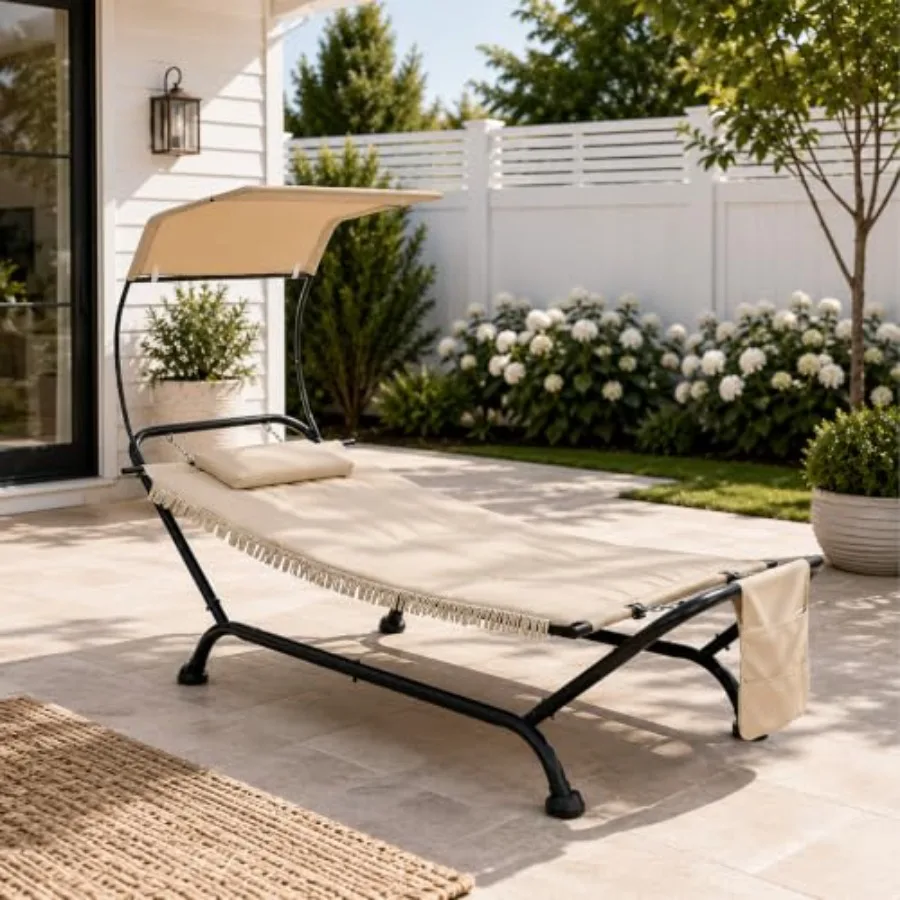 Outdoor patio hammock lounger bed with steel frame, gray fabric, UV-resistant canopy, thick padded cushion and storage pocket f