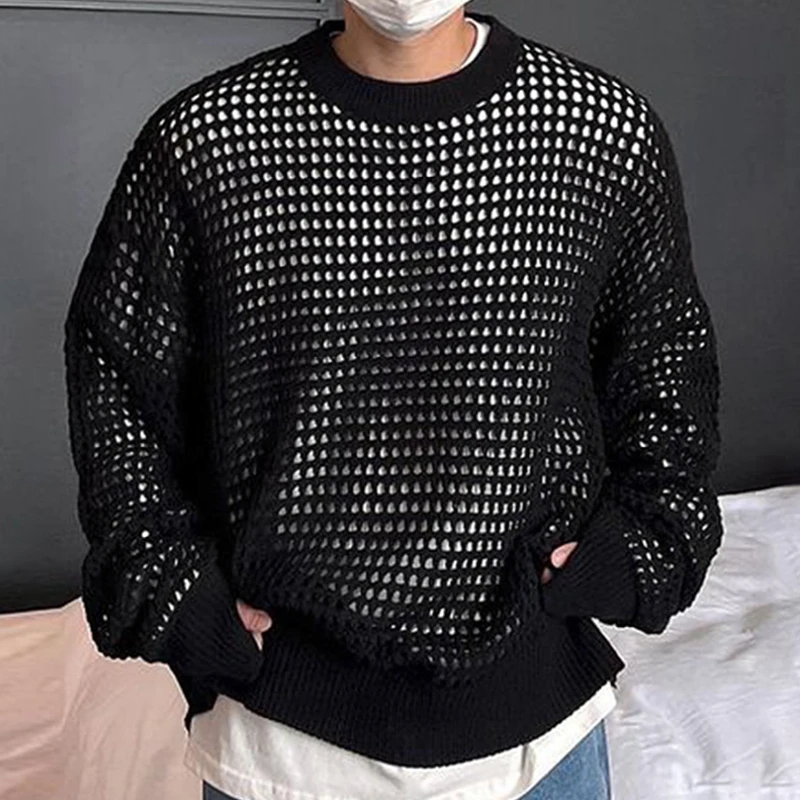 Fall Trend Mens Mesh Knitting Tops Streetwear Fashion Transparent Hollow Out Sweater Men Casual Loose Long Sleeve O Neck Jumper