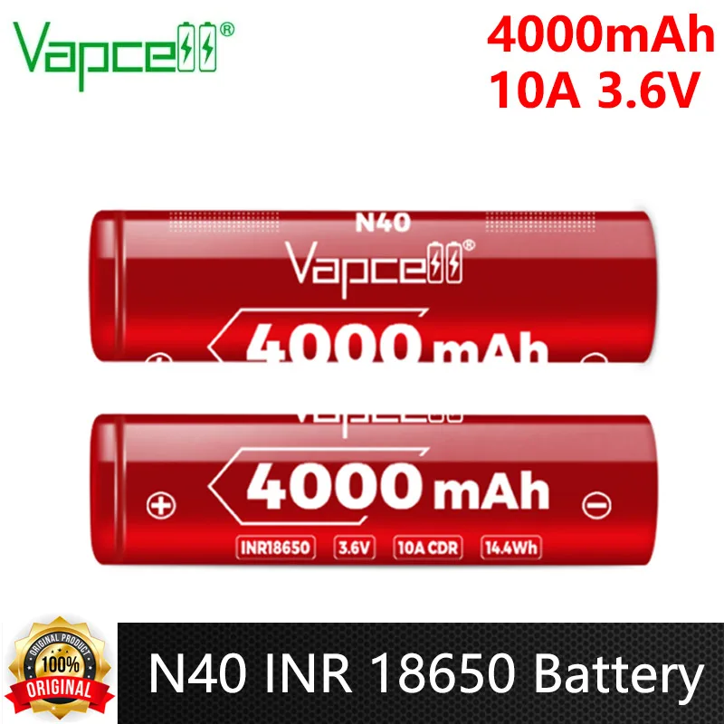 Original Vapcell N40 INR 18650 Battery Highest Capacity 4000mah CDR 10A 3.6V Reachargeable Batteries For UAV VapeMod Flashlight