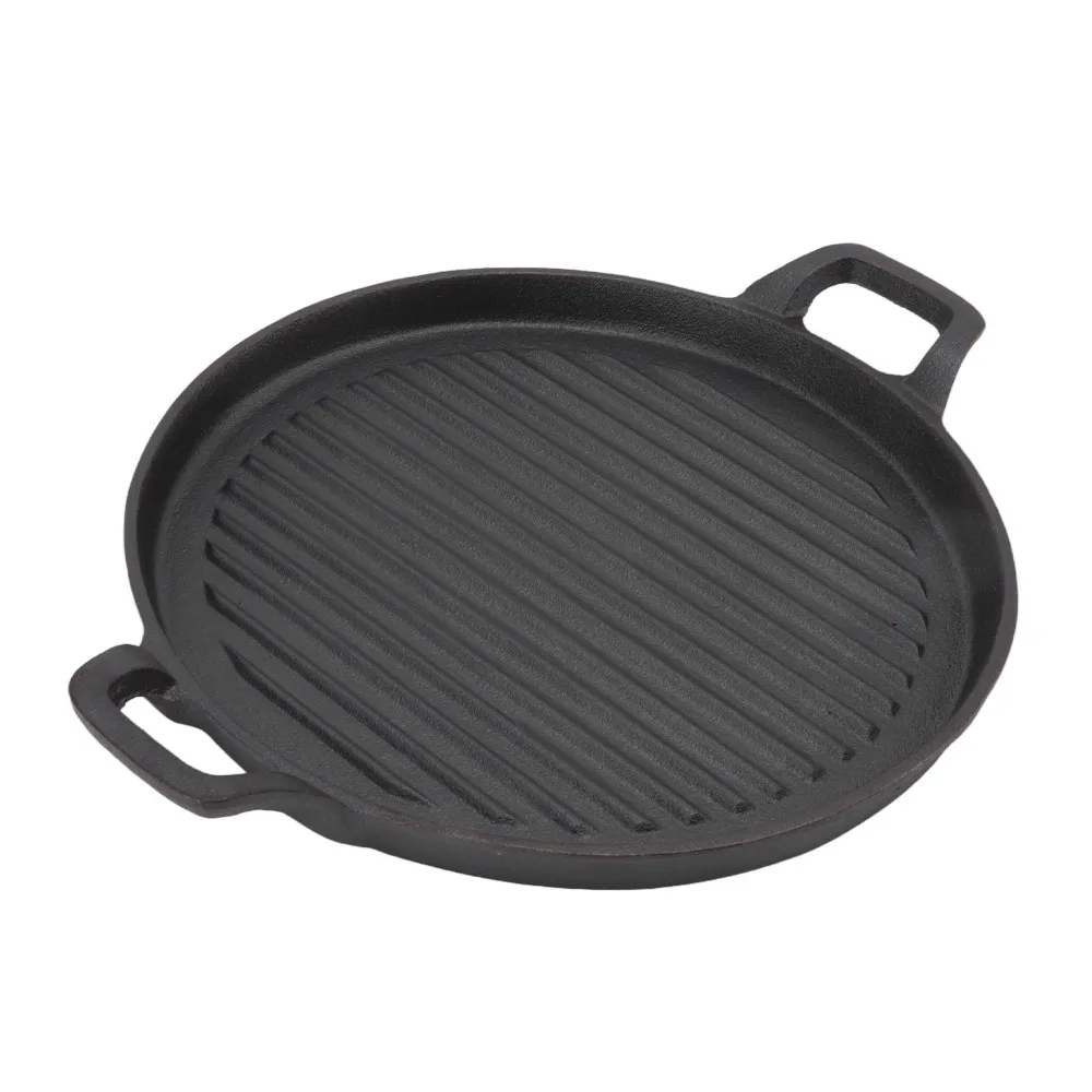 Versatile Cast Iron Grill Pan Round Flat Bottom Ribbed Surface Steak Frying Pan Dual Side Handle Barbecue Pan Barbecue Steak