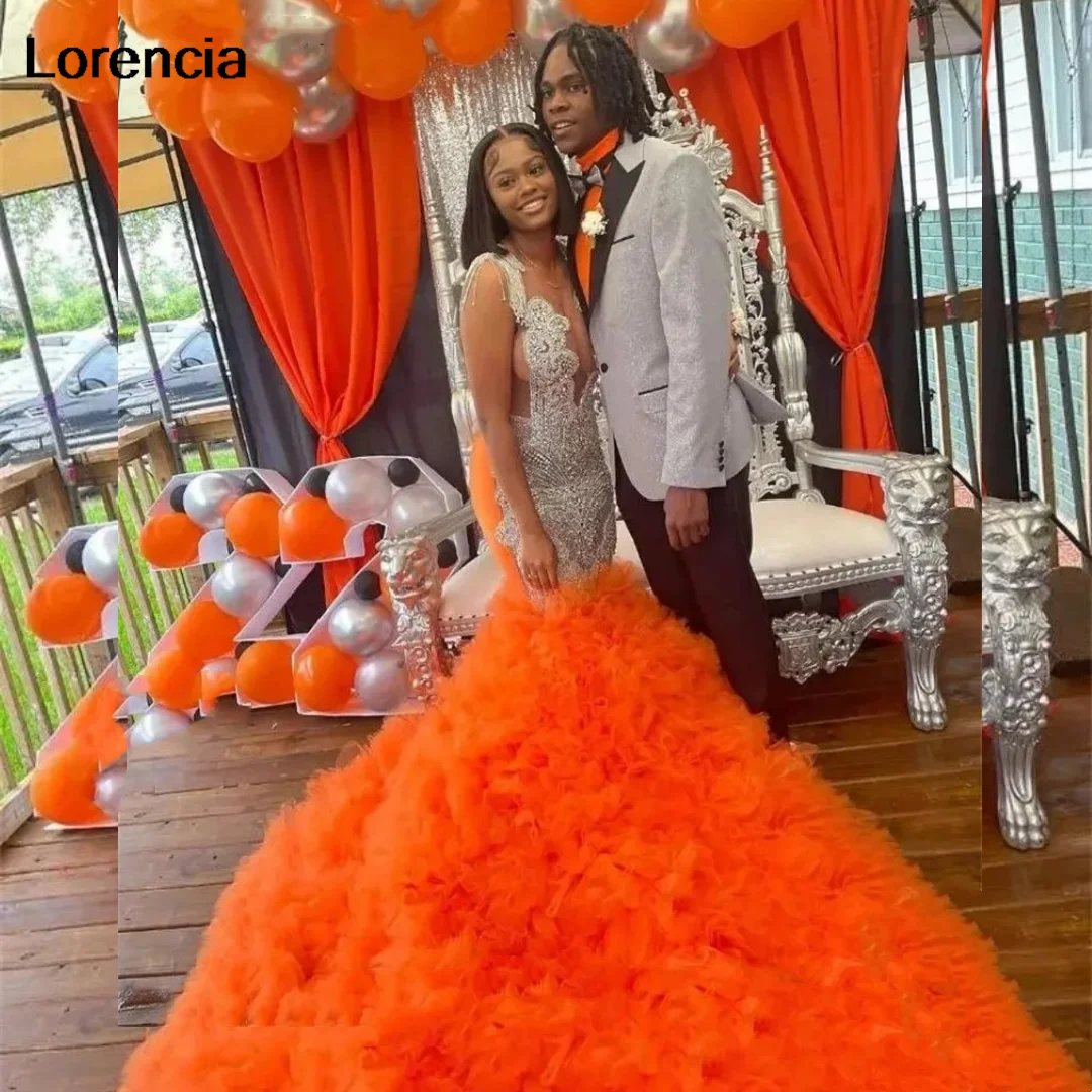 

Customized Orange Prom Dress For Black Girls 2024 Silver Beaded Crystal Ruffles Formal Party Gown Vestidos De Festa YPD60