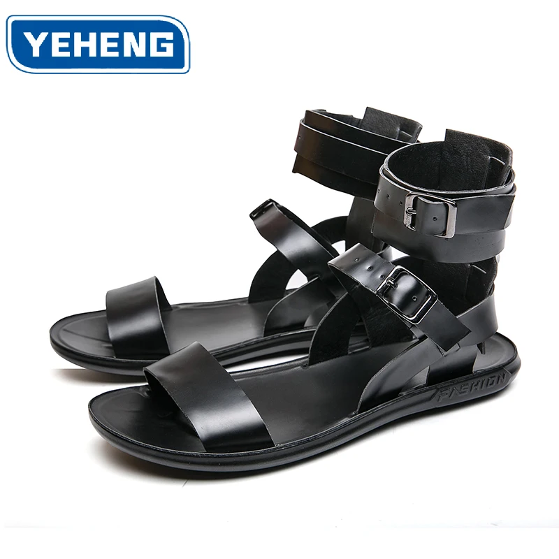 YEHENG Mens Punk Style Leather Sandals, Fashion Streetwear High-Ankle Gladiator Beach Shoes, Comfortable Open Toe Flat Sandals