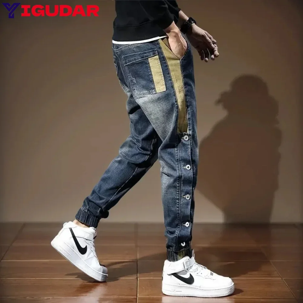 

Мужские джинсы 2024, джинсовые брюки для бега, эластичные мешковатые лоскутные эластичные мужские джинсы Homme y2k, уличная одежда, брюки-карго