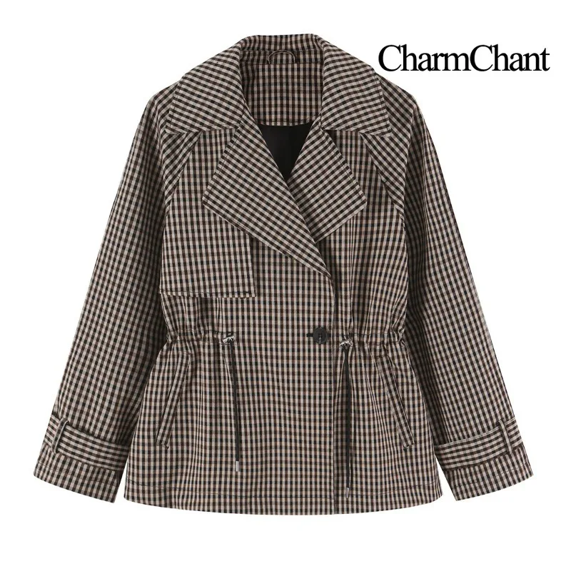 CHARMCHANT Women Gingham Trench Coat Drawstring Waist Single Breasted Jacket Vintage Plaid Windbreaker Casual Autumn Spring 2026