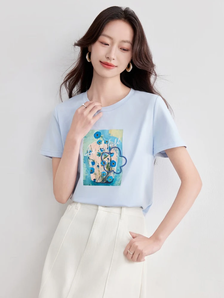 

SENTUBILA Graphic Short Sleeve Tee Summer 2025 Casual New Flora Embroider Round Neck Knitted Straight Ladies T-shirts 152TG2160