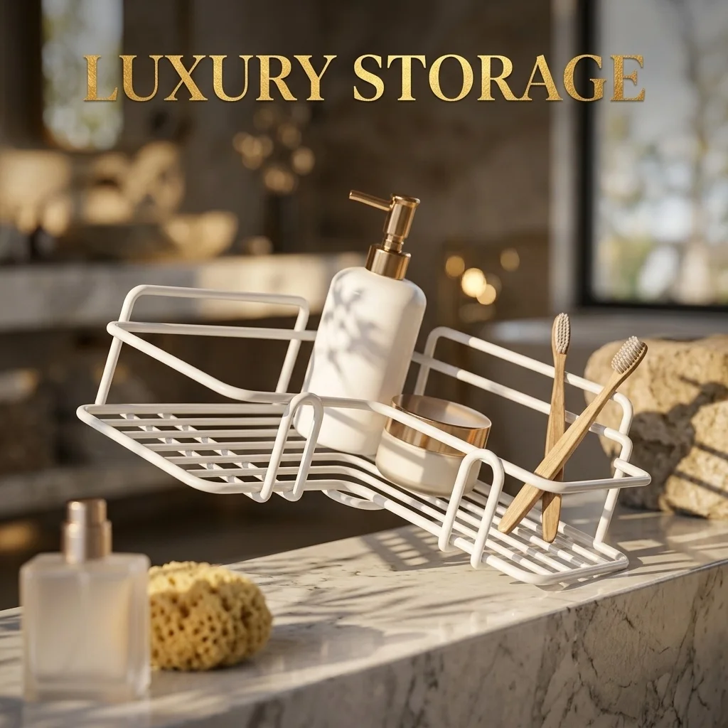 Self Adhesive Bathroom Shelf Punch  Aluminum Shower Storage Rack Waterproof with Hooks for Bathroom Sink Kitchen  Countertop view 6