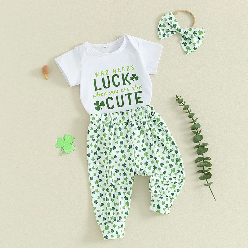 Wankitoi Baby Girl St Patrick s Day Outfit Letter Printed Romper Shirt Tops Flare Pants Infant Girl Spring Clothes