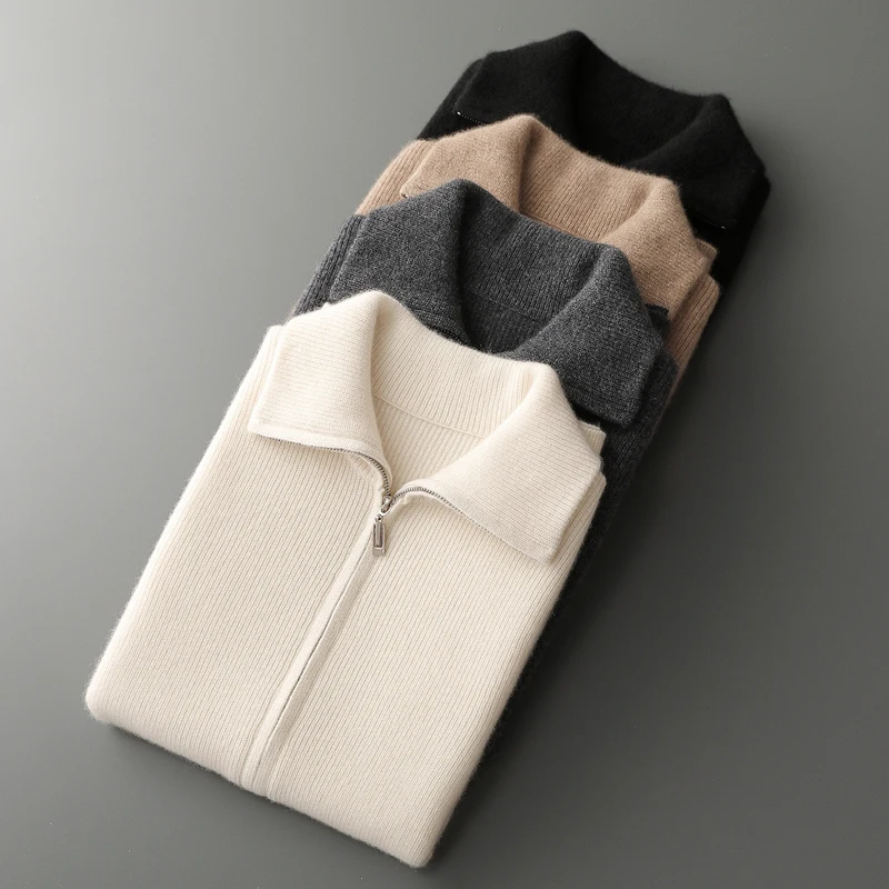 Luxury Men 100% Goat Cashmere Knit Waistcoat Polo Collar Sleeveless Zipper Cardigan Autumn Winter Breathable Sweater Vest Tops
