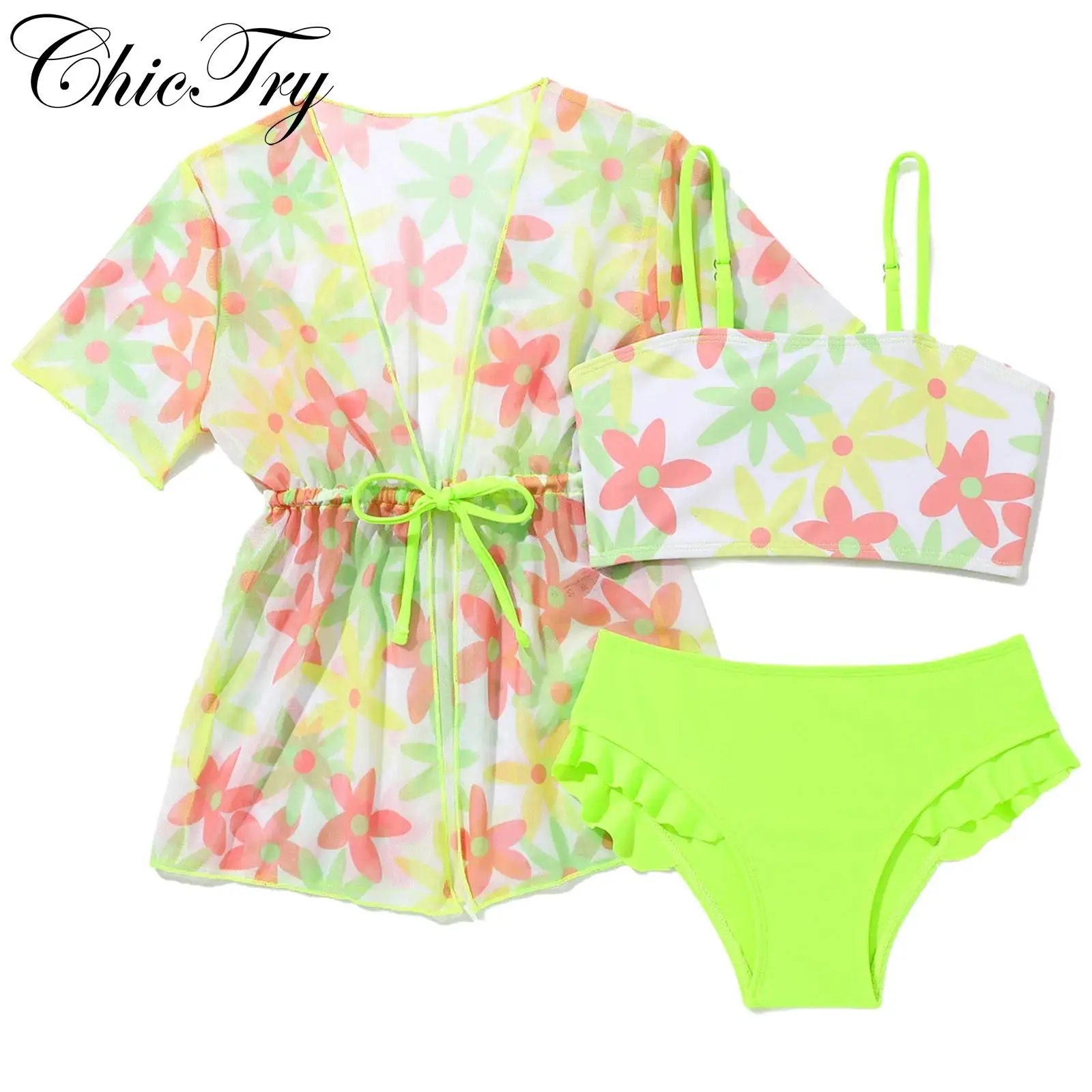 

Kids Girls Swim Sets Bathing Suit Swimsuit Short Sleeve Waist Drawstring Outwear and Adjustable Straps Top with Ruffled Briefs