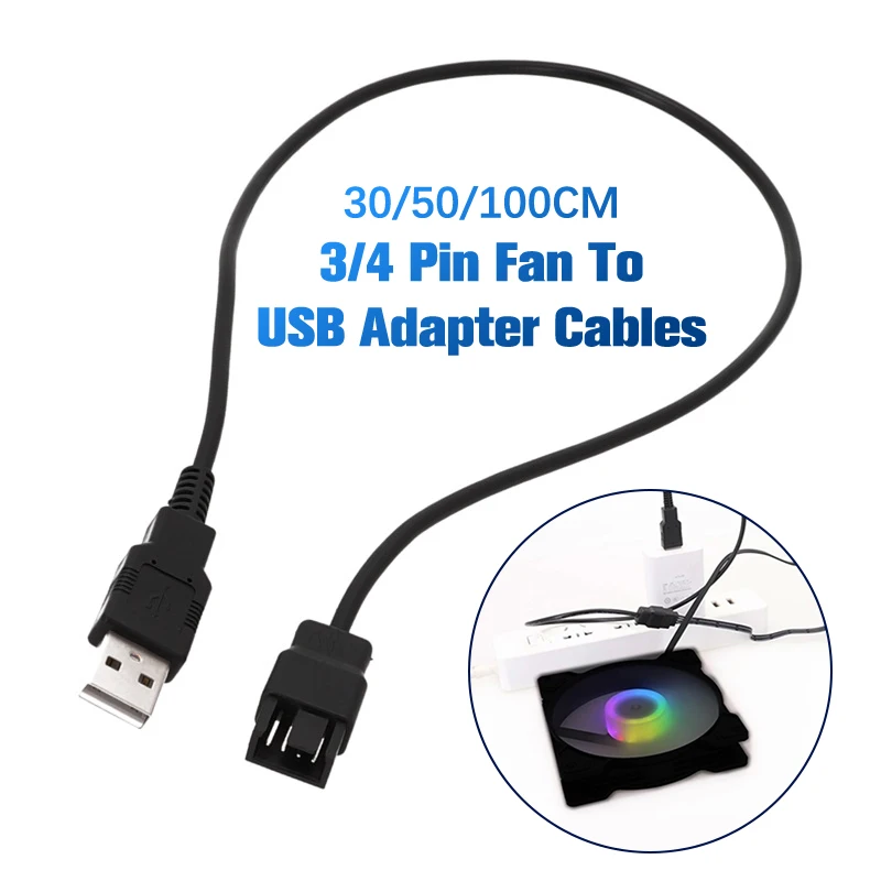 ✰✪1PC 30/50/100CM 3/4 Pin Fan To USB Adapter Cables Computer Pc Fan Power Cable Connector Adapter