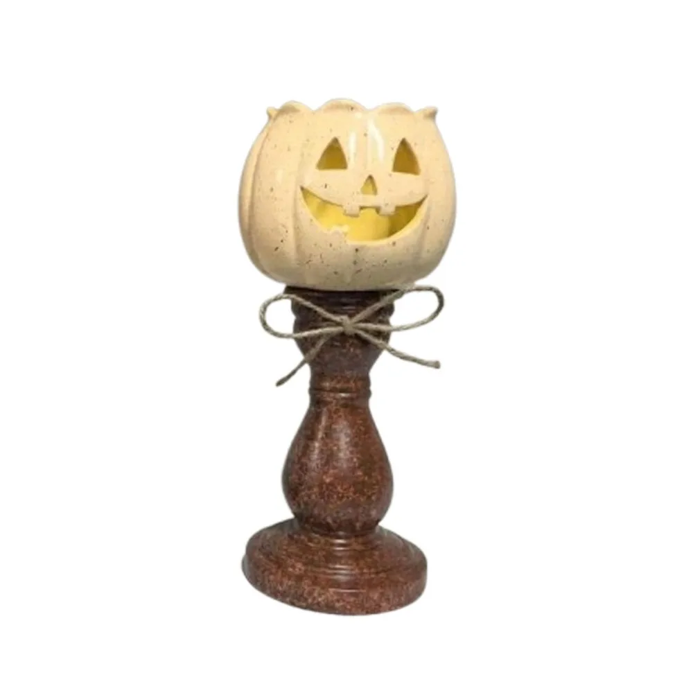 Antique Finish Pumpkin Candle Holder with Light with Bow Vintage Style Halloween Pumpkin Lamp Hollowed-out Warm LED