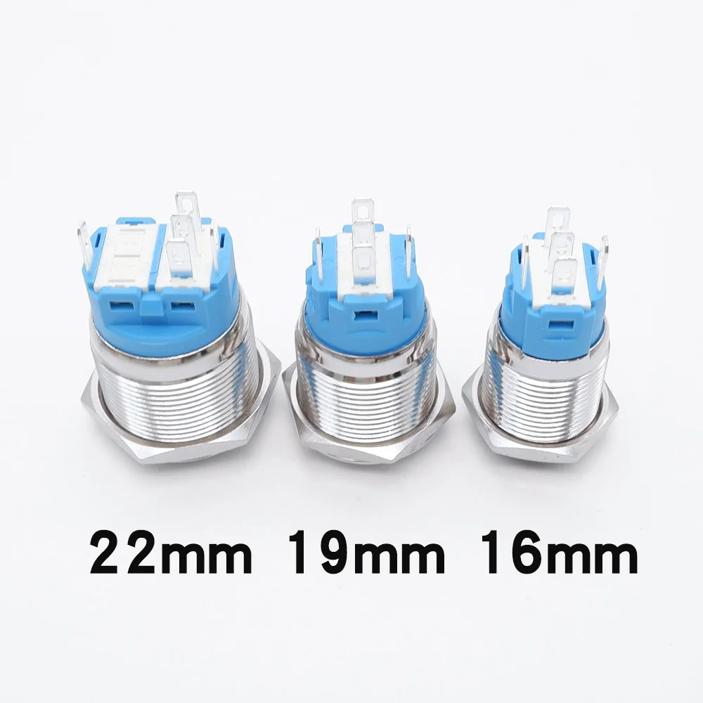 10pcs Metal Push Button Switch 16mm 19mm 22mm Waterproof LED Light Momentary Latching Engine Power Switch 5V 12V 24V 220V Blue