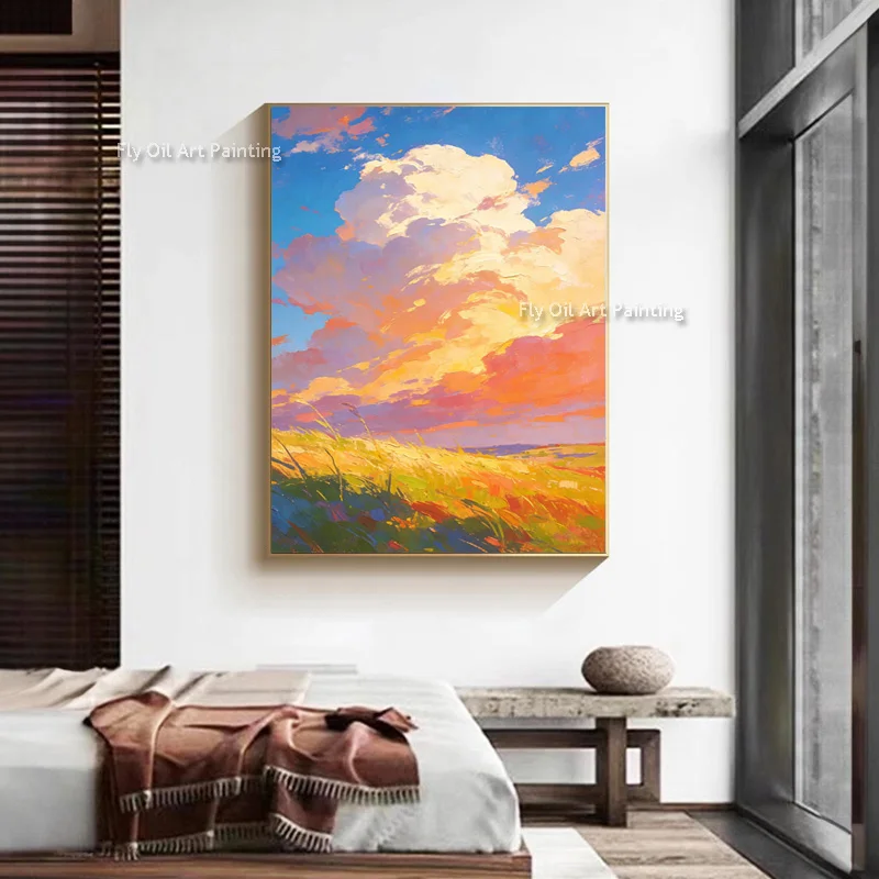 Hand Made Blue White Lake Sky Landscape Artwork On Canvas New Popular Design Orange White Green Grass Land Oil Painting For Deco