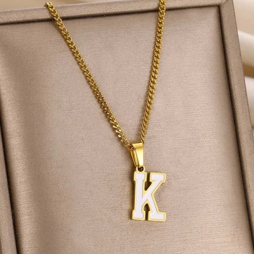 Stainless Steel Vintage Initial Letter Pendant Necklace Women Unisex Gold color A-Z Oil Dropping Cuban Chain Choker Jewelry Gift