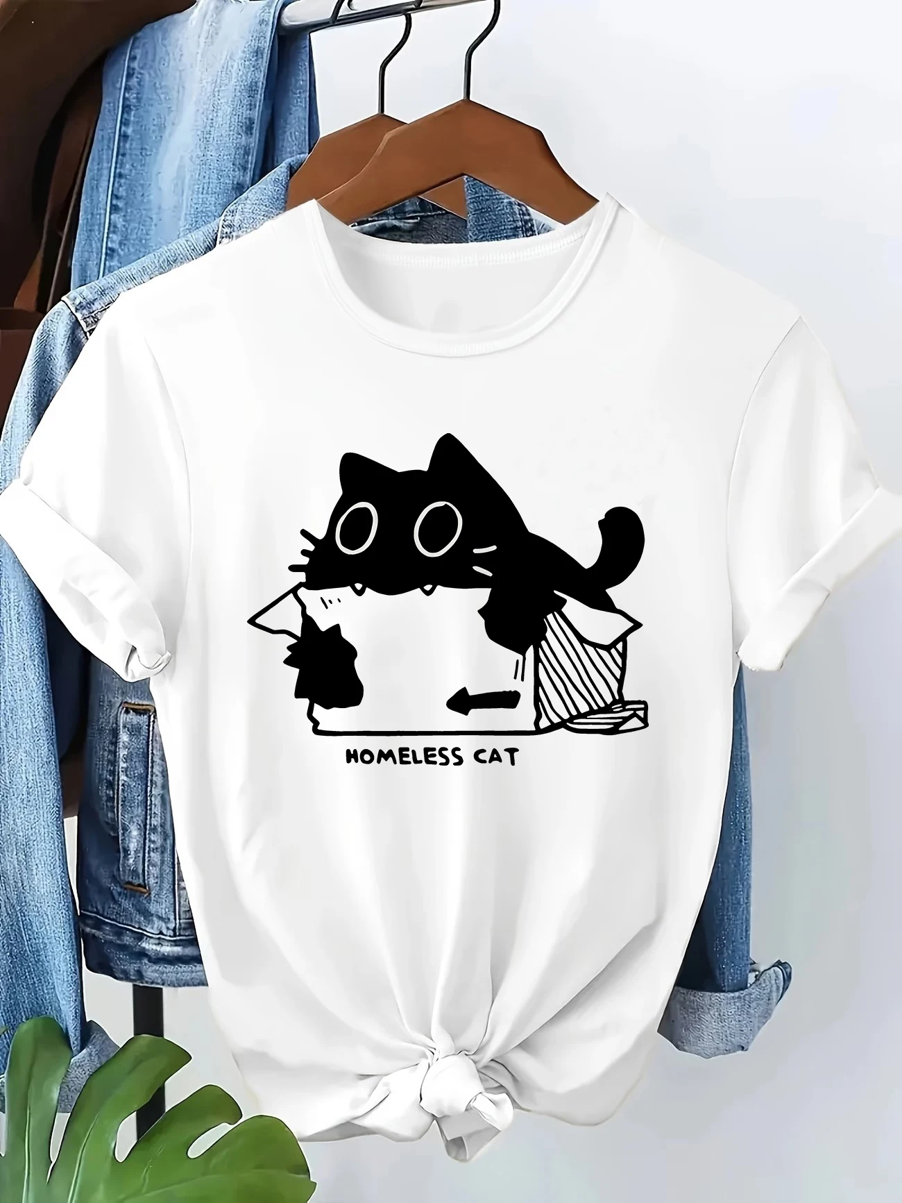 T-Shirt mit lustigem Obdachlosen-Katzen-Print 2026, Damen-Freizeit-Grafik-T-Shirt im Y2K-Stil, süßes Katzen-Print-Kurzarm-T-Shirt, Kleidung, Oberteil, Tee