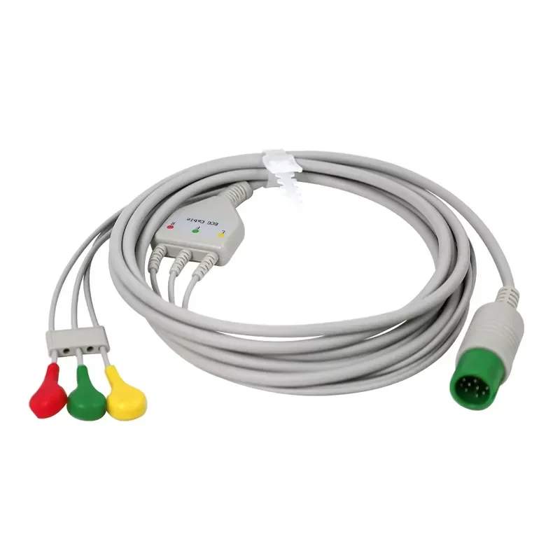 Modern Medical Reusable 3 Lead Cable with Medical Snap Button Electrodes for Holter High Quality Patient
