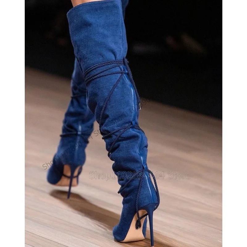 Botas de couro envernizado para mulheres, zíper traseiro, salto alto fino, patchwork azul marinho, sapatos de passarela, novo, 2023