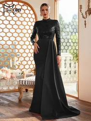 Missord Women Black Sequin Party Dress Elegant Long Sleeve Stand Neck Draped Bodycon Evening Dresses Long Prom Gown