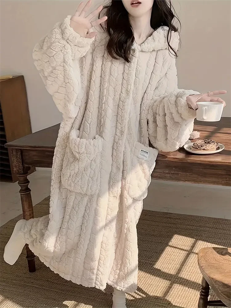 Nightgown Hooded Buttons Loose Fit With Pockets Women Pajamas Casual Solid Jacquard Fleece Thickened Lounge Robe For Fall Winter