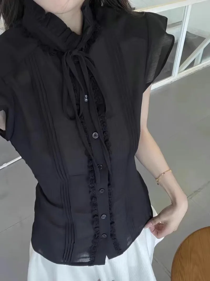 Summer Lolita New Wine Red Ruffle Collar Shirt Women Y2k Vintage Design Slim Fit Casual Blouses Elegant Style Korea Fashion Tops