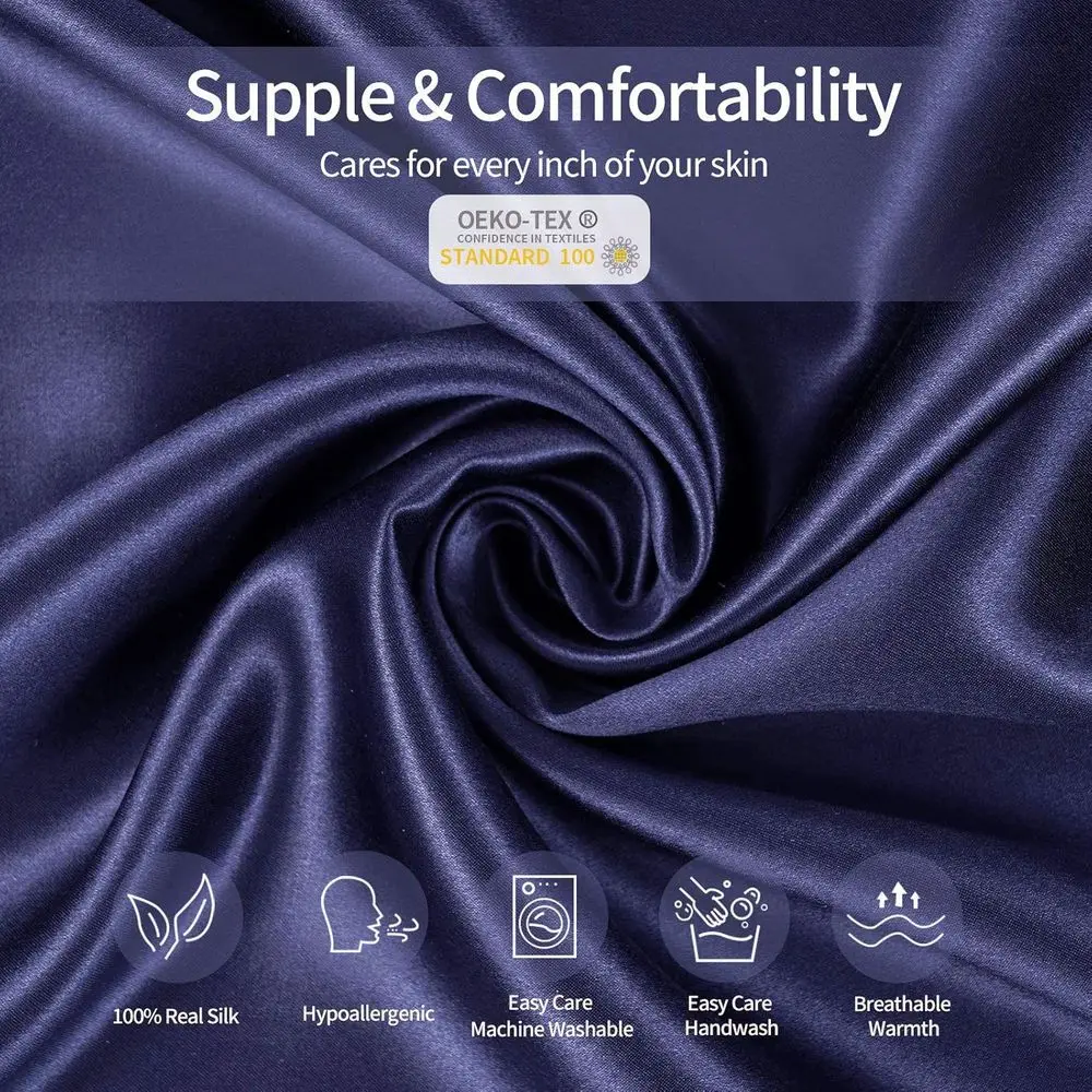 أغطية وسائد من حرير التوت النقي بنسبة 100% من كوين آند كينج - درجة 6A، 22 م، للعناية بالشعر والبشرة، أزرق، عبوتان