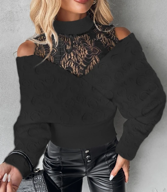 Women's Sweater 2023 Spring Batwing Sleeve Off Shoulder Overlap Hollow Out Casual Lace Stitching Long Sleeve Daily Knit Sweater