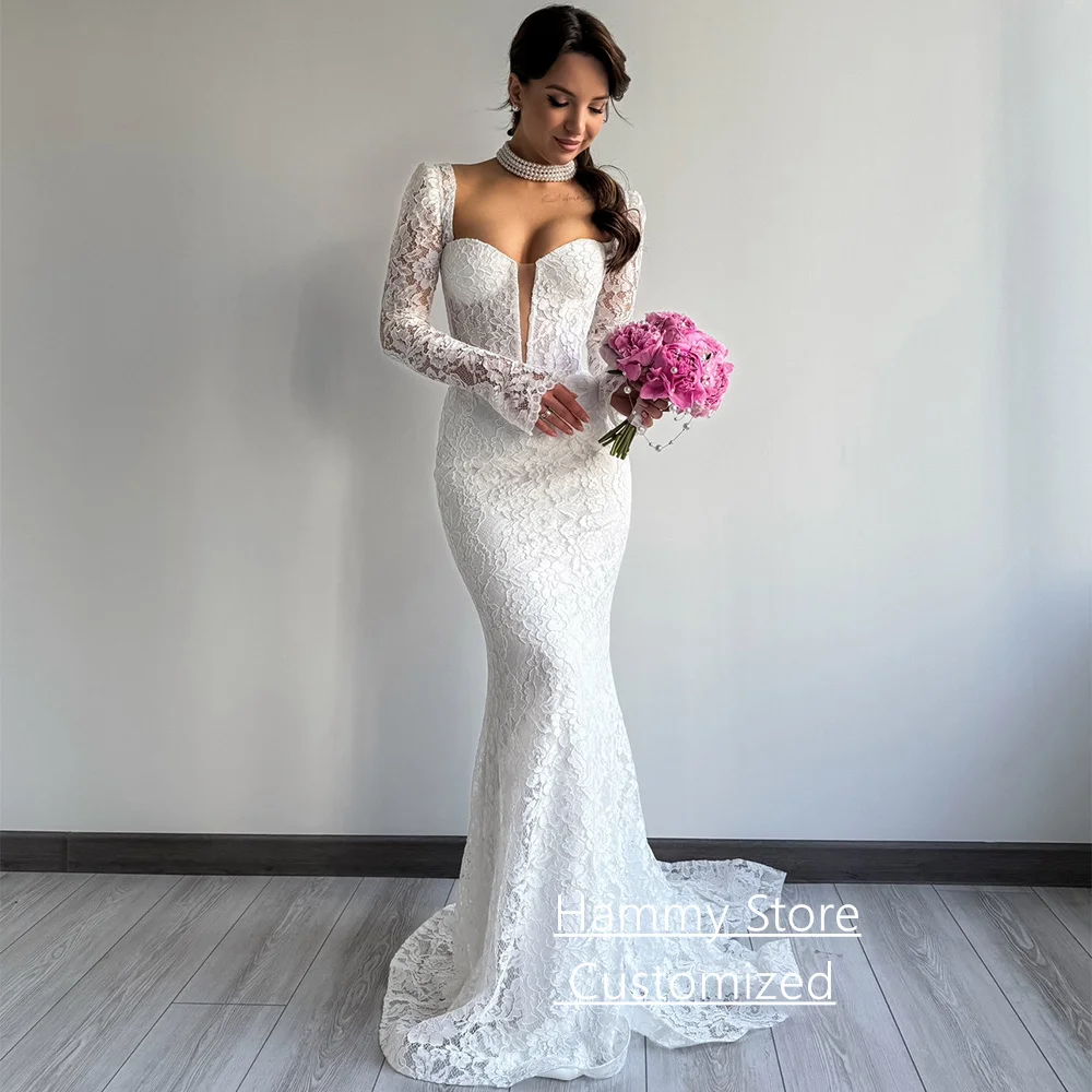 Koronkowa suknia ślubna syrena, szyta na miarę, długie rękawy, dekolt w serce, tren zamiatający, suknia ślubna w stylu saudyjskim, Vestido De Noiva