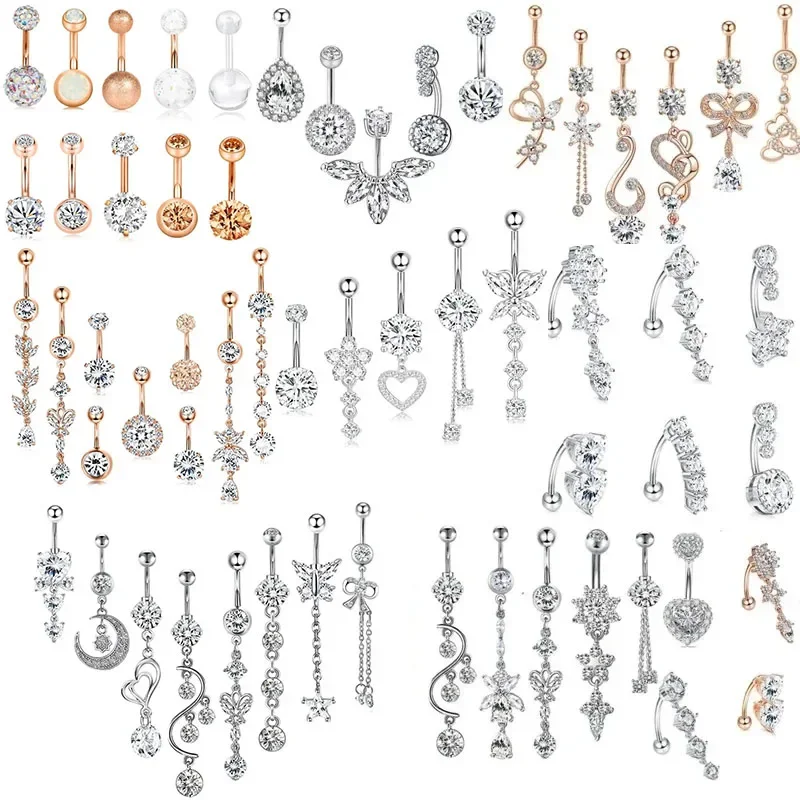 Stainless Steel Heart Belly Piercing Set 14G Butterfly Belly Button Ring Bulk Sexy Navel Piercing Bar Zircon Moon Belly Ring Lot